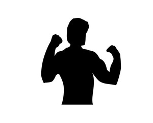 strong man with big muscles raises his hands silhouette design, isolated on white background. 