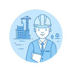 Building icon on the blue circle background in lineart style.