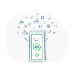 Happy Money Pile with Confetti, Vector Concept of Business and Financial Success, Luck, Profit, Earnings, Income
