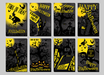 A set of halloween cards for your festive design, promotions, printing and the Internet. Vector illustration.