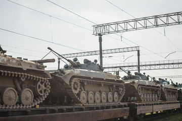 Tank tanks staying on railway platform. Military War concept
