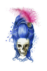 Watercolor drawing of a lady of the 16th century in a tall wig of blue color, a female human skull in a halloween wig with pearl decorations and ostrich feathers of pink color, a print for decoration 