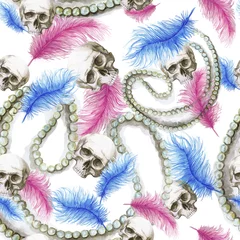 Gordijnen Aquarel patroon, naadloze patroon, achtergrond, menselijke schedel voor Halloween met parel decoraties en struisvogelveren roze, print voor decor op een witte achtergrond © Zaam