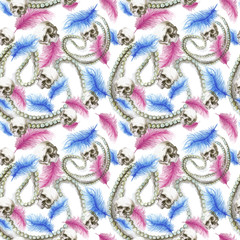 Fototapeta na wymiar Watercolor pattern, seamless pattern, background, human skull for Halloween with pearl decorations and ostrich feathers pink, print for decor on a white background