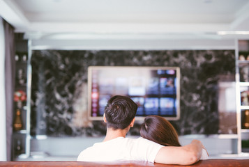 Fototapeta na wymiar Rear view of couple watching television in living room
