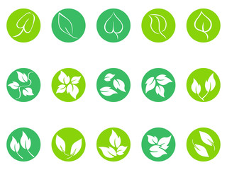 green leaf round button icons set