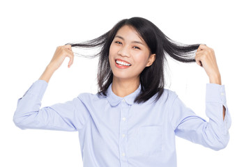 Portrait of a beautiful asian business woman smiling. Isolated on white background