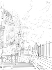 A walk through the city center of Paris, the famous district of Montmartre, the view from the stairs. Sketch, hand drawn vector image.