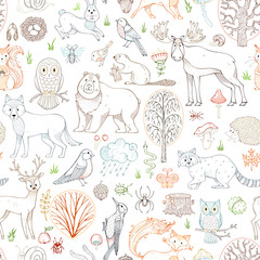 Vector outlined woodland seamless pattern.