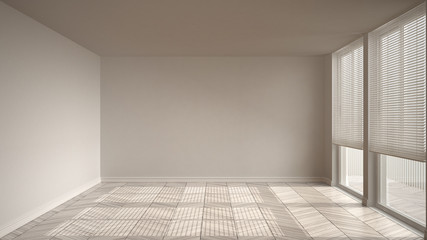 Empty room with big panoramic window, white walls and wooden floor. Renovation concept, architecture interior design.