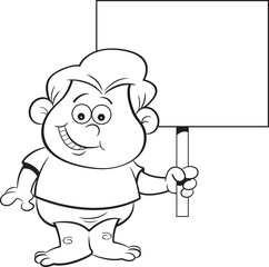 Black and white illustration of a baby holding a sign.