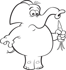 Black and white illustration of an elephant holding a carrot.