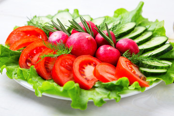 Coarsely chopped fresh cucumber, tomato, radish and lettuce - fresh salad. The concept of healthy eating, diet, vegetarianism