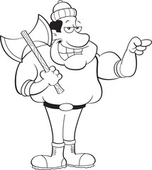 Black and white illustration of a lumberjack pointing.