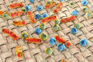 Fototapeta na wymiar Destruction of microbes on the surface of fabric, 3D illustration. Concept for using detergents and antiseptics