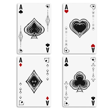 Set four aces for playing poker and casino. Ace of spades, diamonds, hearts and clubs. Four aces playing deck of cards. Vector illustration.