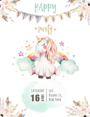 Isolated cute watercolor unicorn invitation card. Nursery unicorns illustration. Princess rainbow unicorns poster. Trendy pink cartoon horse. © kris_art