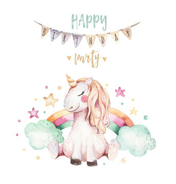 Isolated cute watercolor unicorn clipart. Nursery unicorns illustration. Princess rainbow unicorns poster. Trendy pink cartoon horse.