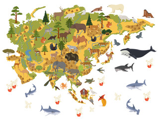 Obraz na płótnie Canvas Flat Asian flora and fauna map constructor elements. Animals, birds and sea life isolated on white big set. Build your own geography infographics collection