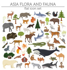 Flat Asian flora and fauna map constructor elements. Animals, birds and sea life isolated on white big set. Build your own geography infographics collection