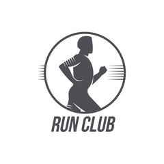 Run club logo, logotype template with jogging man, black and white vector illustration isolated on white background. Run club logo, badge design with half length side view portrait of running man