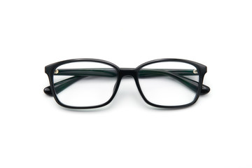 Black eye glasses spectacles with shiny black frame For reading daily life To a person with visual impairment. White background copy space.