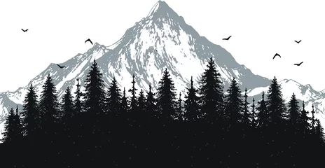 Keuken foto achterwand Voor hem hand getekende vector natuur illustratie met bergen en bos op het eerste zicht. silhouet landschap. gebruiken voor reizen en natuur achtergrond en kaart