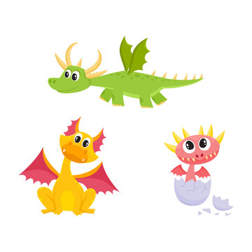 vector flat cartoon funny teen green flying, and yellow sitting dragons with horns and wings and baby hatching from egg cute fairy dragon characters set. Isolated illustration on a white background.