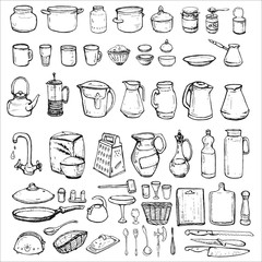 hand drawn vector set with kitchen utensils: teapot, brewer, bottle, oil, toaster, dripping pan, spoon