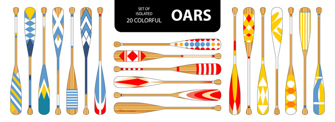 Set of isolated 20 cute colorful oars in red, blue, yellow tone.