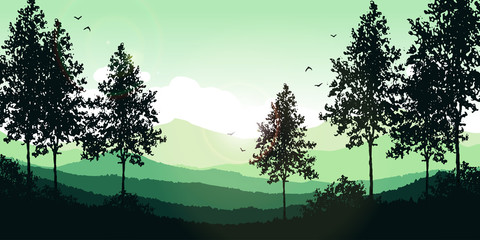 Fototapeta na wymiar hand drawn vector lanscape with trees on first view and mountains. silhouettes of nature. use for background or invitation or card