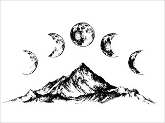 hand drawn vintage vector logo with mountains and lune