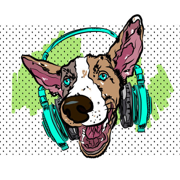 Colorful vector poster with dog with headphones on t-shirt.