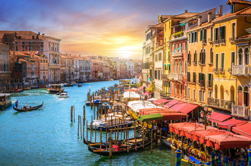 Panoramic view of famous Grand Canal at sunset in Venice, Italy