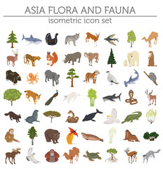 Isometric 3d Asian flora and fauna map constructor elements. Animals, birds and sea life isolated on white big set. Build your own geography infographics collection © a7880ss