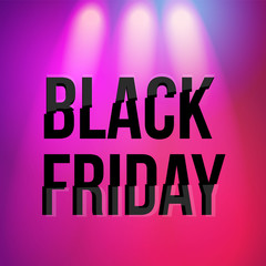 vector banner, poster with black friday lettering inscription illuminated with pink color rays of searchlights on purple background. Advertising , discounts and sale promotion design template