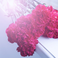 A bouquet of red carnations flowers on the balcony