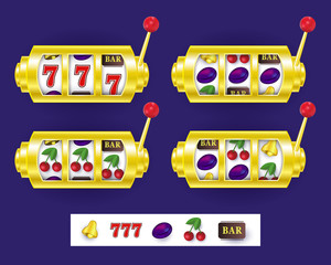 Slot machine display showing various jackpot winning combinations, vector illustration isolated on white background. Set of slot machine display variants, spinning reels, lever and jackpot symbols