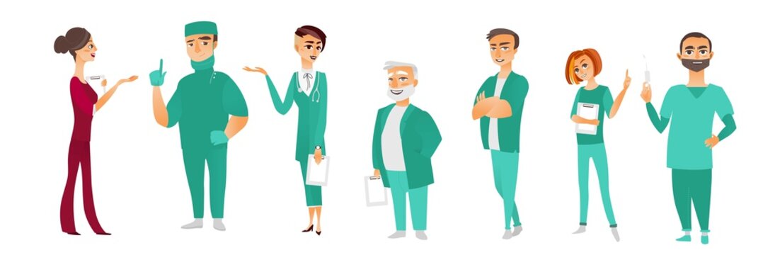 Set Of Male And Female Doctors, Therapists, Nurses, Surgeons, Medical Staff, Hospital Employees, Flat Cartoon Vector Illustration Isolated On White Background. Flat Cartoon Doctors In Medical Uniforms