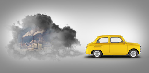 Obraz na płótnie Canvas concept of pollution by exhaust gases the car releases a lot of smoke on grey gradient background 3d render