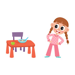 vector flat cartoon girl kid are going to eat apple and porridge from baby table, standing near it smiling. isolated illustration on a white background. Daily routine concept