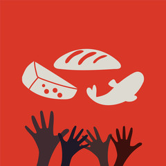 Stop Hunger, Malnutrition or Starvation vector illustration. Great as donation, relief or help icon for fight with famine and poverty in Yemen, Somalia or South Sudan. Heart Shape, hands and food.