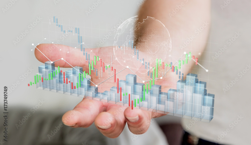 Poster businessman using digital 3d rendered stock exchange stats and charts