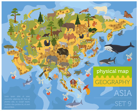 Flat Asian flora and fauna map constructor elements. Animals, birds and sea life isolated on white big set. Build your own geography infographics collection © a7880ss