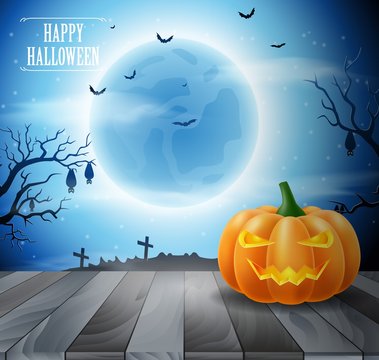 Halloween night with grinning pumpkins on blue background. Vector illustration