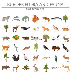 Flat European flora and fauna map constructor elements. Animals, birds and sea life isolated on white big set. Build your own geography infographics collection
