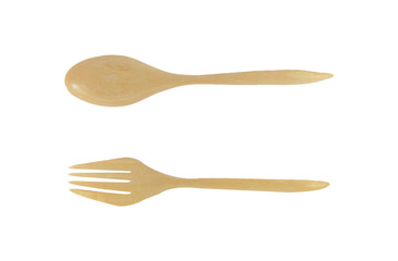 Wooden spoon and fork isolated on white background