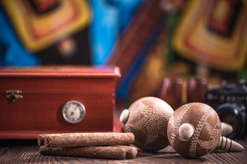 Items related to Cuba on wooden table
