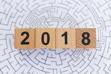 Wood block 2 0 1 8 placed on texture with complex patterns background. using as Go to success...