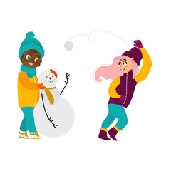 vector girl playing snowballs, boy making snowman smiling set. Flat cartoon illustration isolated on a white background. Kids characters having fun outdoors. Winter children activity concept
